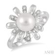 1 10 Ctw Floral 7 MM Round Cultured Pearl & Round Cut Diamond Ring in 10K White Gold Sale