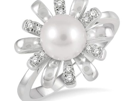 1 10 Ctw Floral 7 MM Round Cultured Pearl & Round Cut Diamond Ring in 10K White Gold Sale