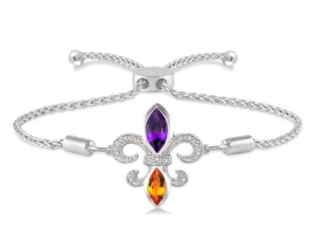 1 20 Ctw Marquise 10x5 MM Amethyst & 8x4 MM Citrine Round Diamond Fleur De Lis Sterling Silver Lariat Bracelet For Sale