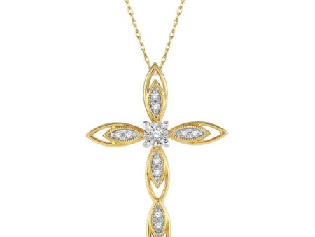 1 10 Ctw Extended Frame Marquise Cross Round Cut Diamond Pendant With Chain in 10K Yellow Gold For Sale