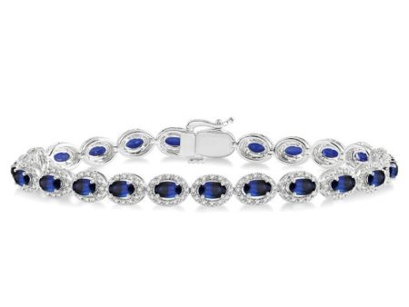 1 1 10 Ctw Oval Shape 5x3 MM Sapphire & Round Cut Diamond Precious Stone Bracelet in 14K White Gold For Discount