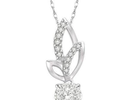 1 6 Ctw Leafy Round Cut Diamond Lovebright Pendant With Link Chain in 14K White Gold Sale