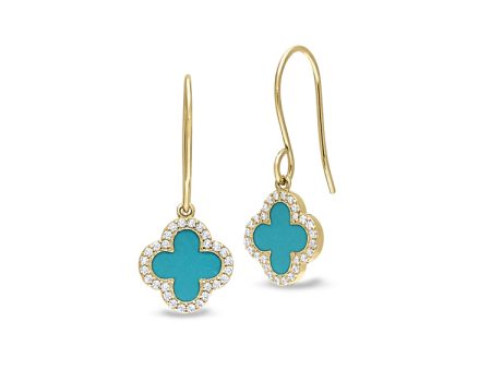 Platinum Finish Sterling Silver Micropave Turquoise Enamel Clover Earrings with Simulated Diamonds Online now