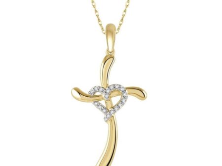 1 20 Ctw Heart Entangled Cross Charm Round Cut Diamond Pendant With Chain in 10K Yellow Gold For Cheap