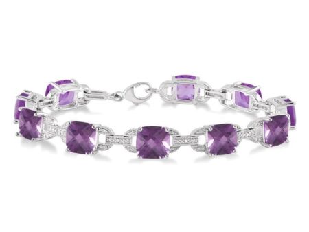 7x7  MM Cushion Shape Amethyst and 1 20 Ctw Round Cut Diamond Fashion Bracelet in Sterling Silver Online Sale