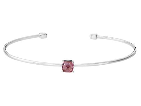 Rhodium Finish Sterling Silver Pliable Cuff Bracelet with Faceted Cushion Cut Simulated Pink Sapphire Birth Gem - October Online Sale