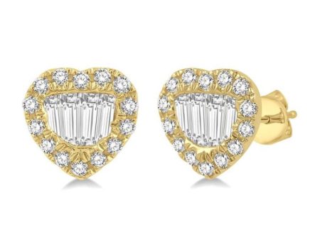 3 8 ctw Heart Shape Baguette Center & Round Cut Diamond Earrings in 14K Yellow Gold For Sale