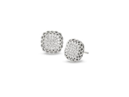 Platinum Finish Sterling Silver Micropave Pillow with Filigree Edge Earrings with Simulated Diamonds Cheap