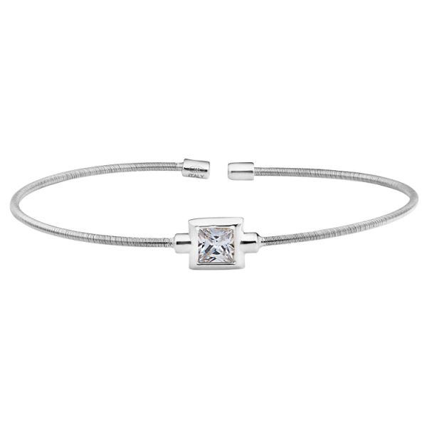 Rhodium Finish Sterling Silver Cable Cuff Bracelet with Princess Cut Simulated Diamond Birth Gem Supply