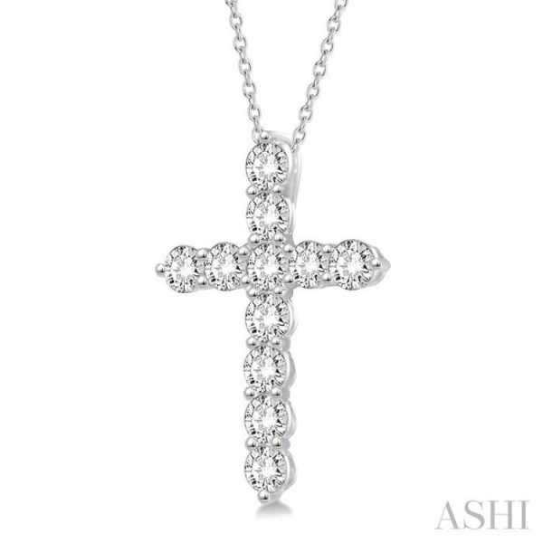 1 1 2 Ctw Round Cut Diamond Cross Pendant in 14K White Gold with Chain Cheap