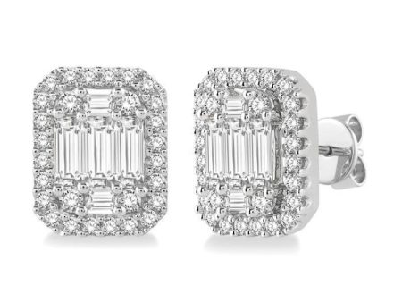 1 Ctw Octagonal Baguette & Round Cut Diamond Stud Earrings in 14K White Gold on Sale