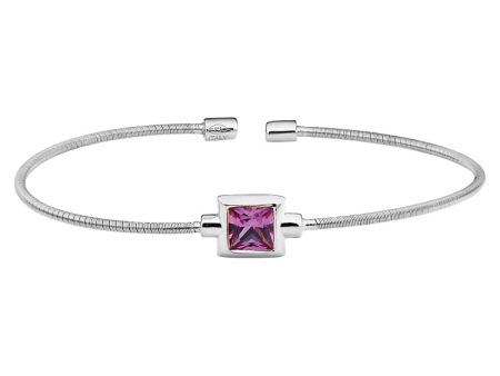 Rhodium Finish Sterling Silver Cable Cuff Bracelet with Princess Cut Simulated Ruby Birth Gem Online Sale