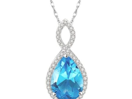 1 4 Ctw Round Cut Diamond and Entwined Pear Cut 12x8 MM Blue Topaz Semi Precious Pendant in 10K White Gold with chain on Sale