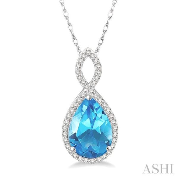 1 4 Ctw Round Cut Diamond and Entwined Pear Cut 12x8 MM Blue Topaz Semi Precious Pendant in 10K White Gold with chain on Sale