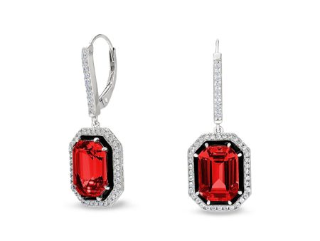 Platinum Finish Sterling Silver Micropave Black Enamel & Simulated Ruby Octagon Earrings with Simulated Diamonds Online