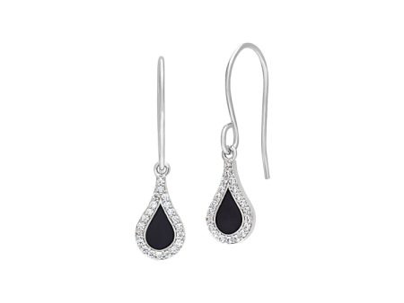 Platinum Finish Sterling Silver Micropave Black Enamel Teardrop Earrings with Simulated Diamonds Online now