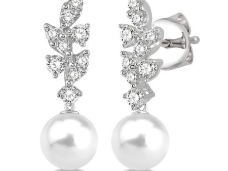 1 3 ctw Diamond Creeper and 8MM Cultured Pearls Dangler Earrings in 14K White Gold Discount