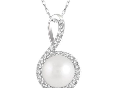 1 10 Ctw Round 7x7 MM Cultured Pearl Center Round Cut Diamond Pendant in 10K White Gold Sale