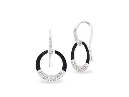 Platinum Finish Sterling Silver Micropave Black Enamel Open Circle Drop Earrings with Simulated Diamonds For Sale