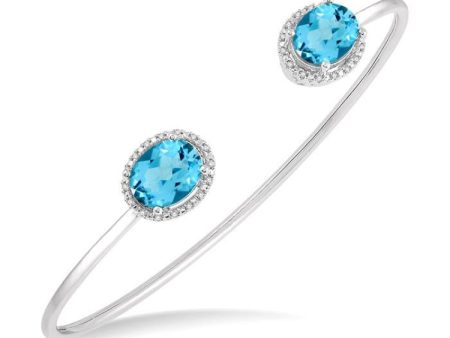 1 10 Ctw Oval Shape 9x7mm Blue Topaz & Round Cut Diamond Bangle in Sterling Silver Online Hot Sale