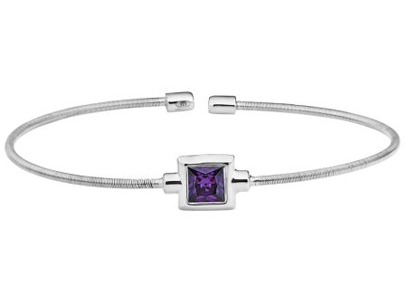 Rhodium Finish Sterling Silver Cable Cuff Bracelet with Princess Cut Simulated Amethyst Birth Gem Online now