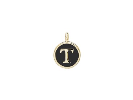 Gold Finish Sterling Silver Black Enamel Initial Charm - T Fashion