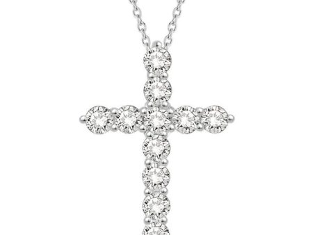 1 1 2 Ctw Round Cut Diamond Cross Pendant in 14K White Gold with Chain Cheap