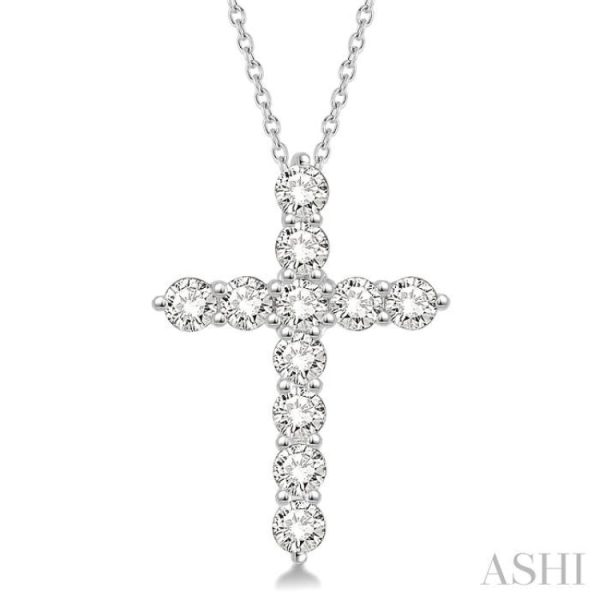 1 1 2 Ctw Round Cut Diamond Cross Pendant in 14K White Gold with Chain Cheap