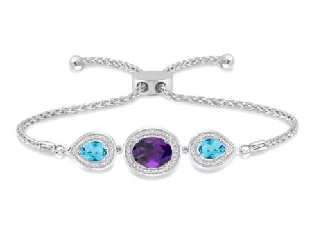 1 20 Ctw Oval 10x8 MM Amethyst & Pear Shape 7x5 MM Blue Topaz Round Diamond 3Stone Sterling Silver Lariat Bracelet Online now