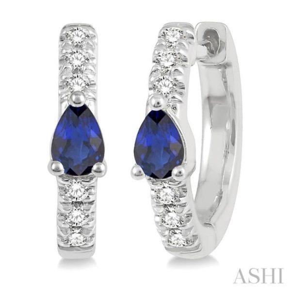 1 10 Ctw 4X3MM Pear Cut Sapphire and Round Cut Diamond Huggie Earrings in 10K White Gold on Sale