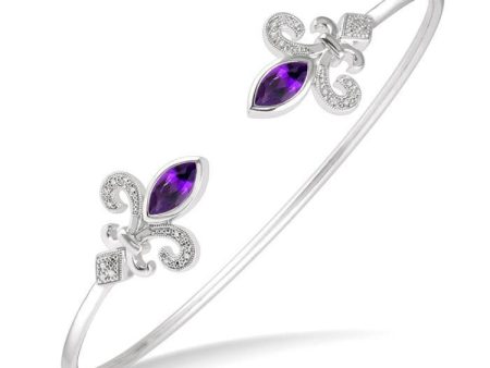 1 20 Ctw Marquise Shape 8x4 MM Amethyst & Round Cut Diamond Fleur De Lis Flexi Bangle in Sterling Silver For Sale