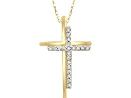 1 10 Ctw Double Cross Round Cut Diamond Pendant With Link Chain in 10K Yellow Gold For Discount