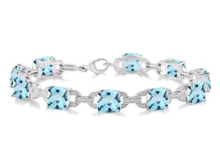 7x7  MM Cushion Shape Blue Topaz and 1 20 Ctw Round Cut Diamond Fashion Bracelet in Sterling Silver Online now