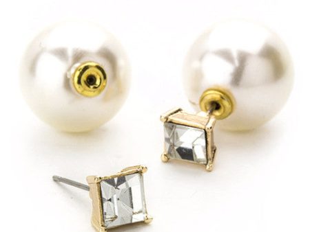 Square Crystal & Pearl Peekaboo Earrings- Gold Online Sale