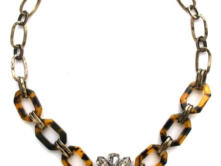 Tortoise & Crystal Pendant Statement Necklace- Brass Chain Online Sale