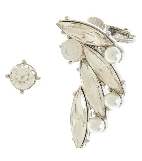 Spiky Crystal & Pearl Ear Crawler Set- Silver For Sale